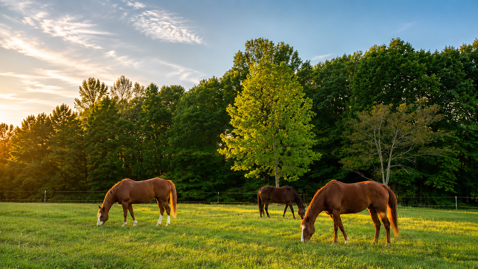 Horses grazing in the pasture at sunset